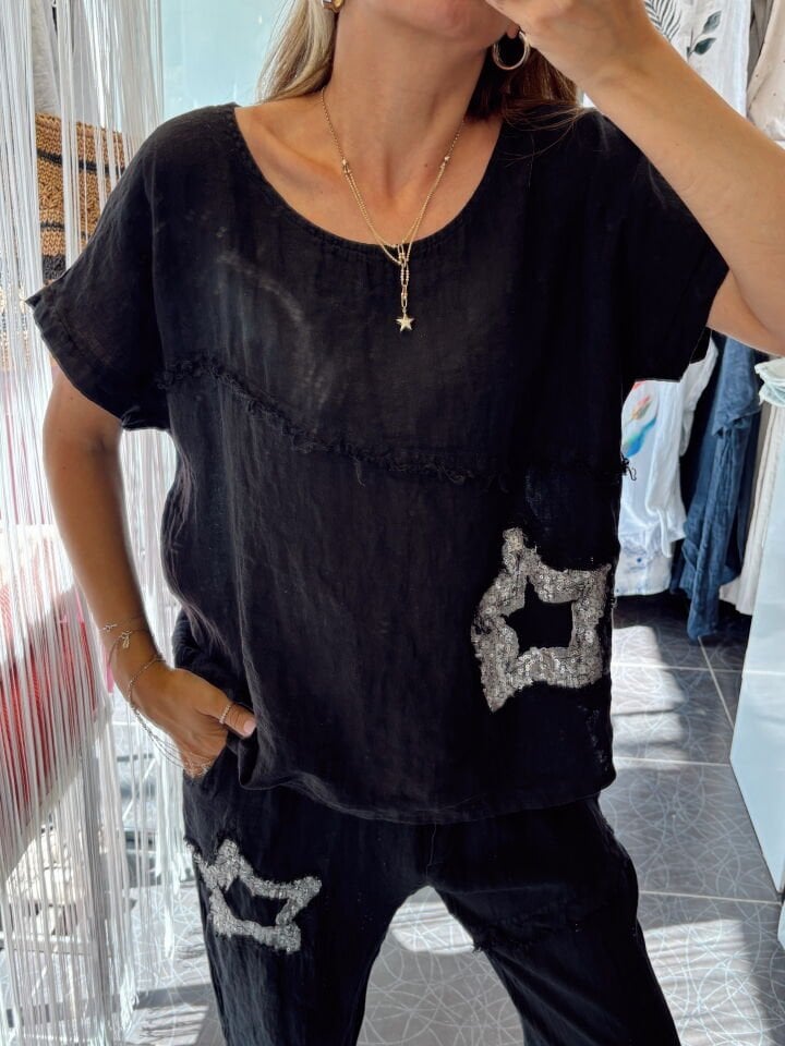 İtalyan Pullu Yıldız Tasarımlı Keten Takım Siyah