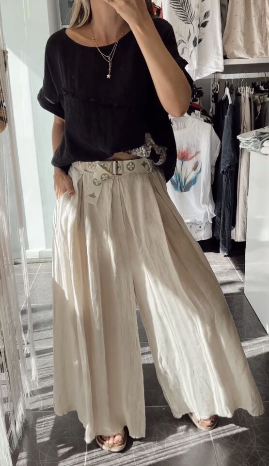 İtalyan Premium Tasarım Keten Pantolon Bej