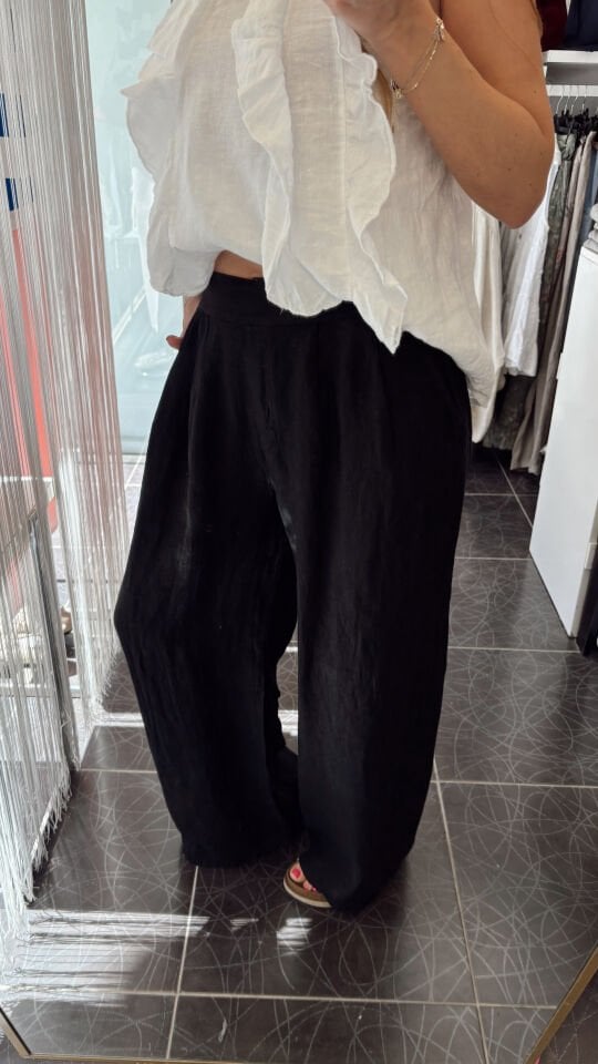 İthal Cepli Keten Pantolon Siyah