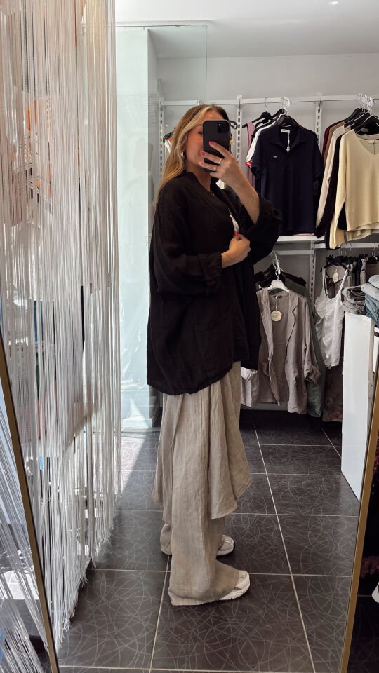 İthal Cepli Oversize Keten Ceket Siyah