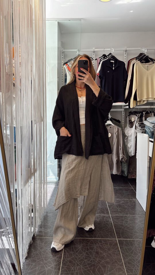 İthal Cepli Oversize Keten Ceket Siyah