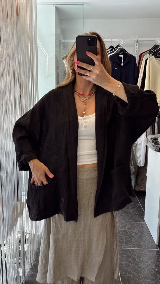 İthal Cepli Oversize Keten Ceket Siyah