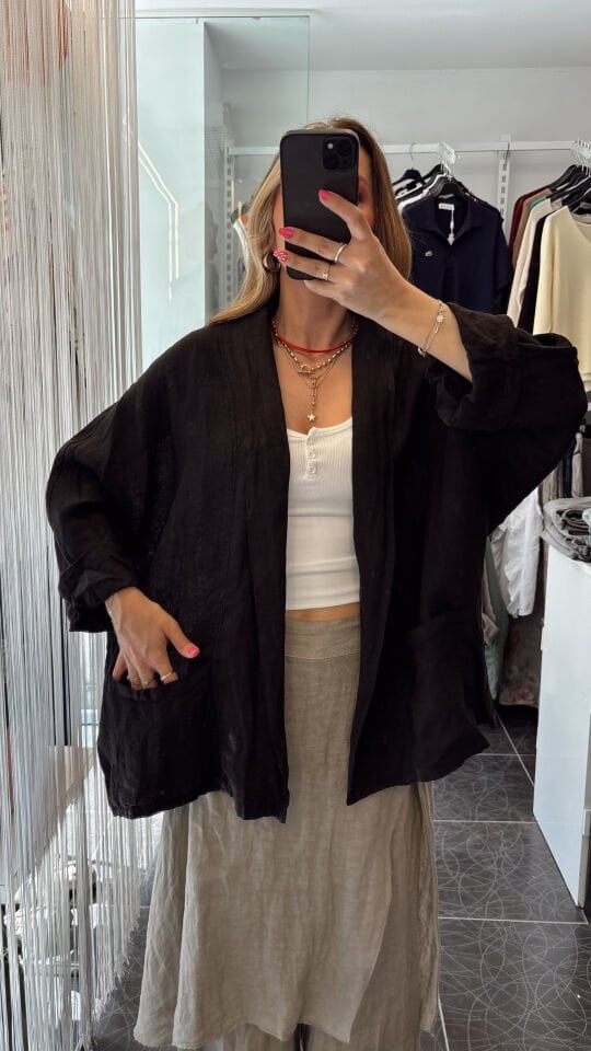 İthal Cepli Oversize Keten Ceket Siyah