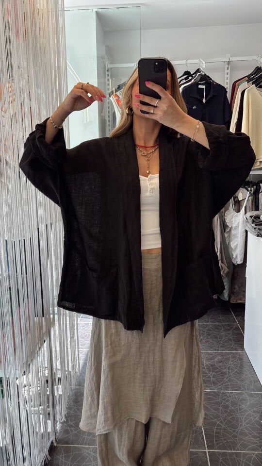 İthal Cepli Oversize Keten Ceket Siyah