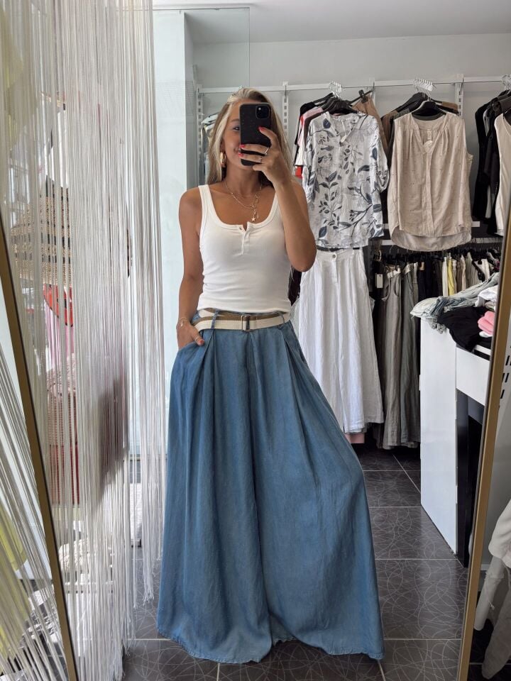 İtalyan Premium Tasarım Kemerli Tencel Pantolon İndigo