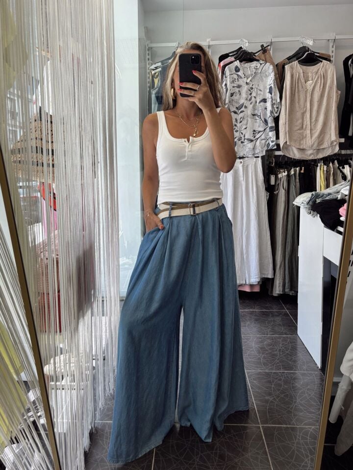 İtalyan Premium Tasarım Kemerli Tencel Pantolon İndigo