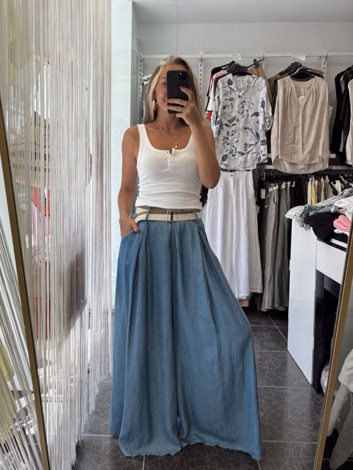 İtalyan Premium Tasarım Kemerli Tencel Pantolon İndigo