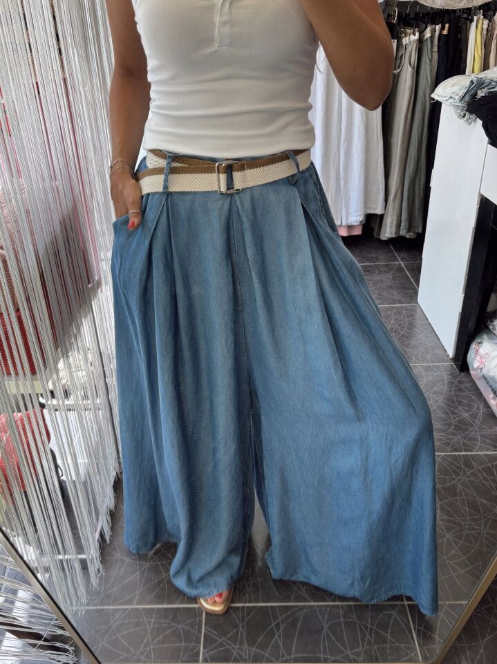 İtalyan Premium Tasarım Kemerli Tencel Pantolon İndigo