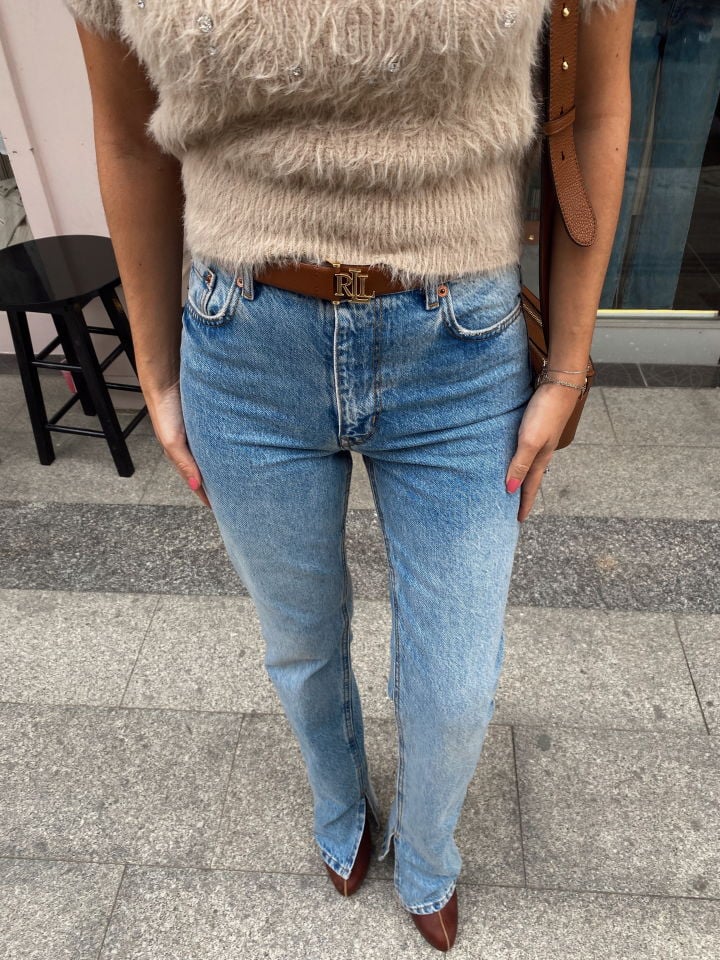 Bootcut Paçası Yırtmaçlı Jean Pantolon Mavi