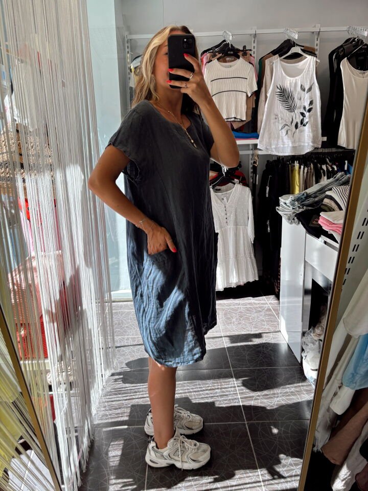 İtalyan Keten Oversize Elbise Lacivert