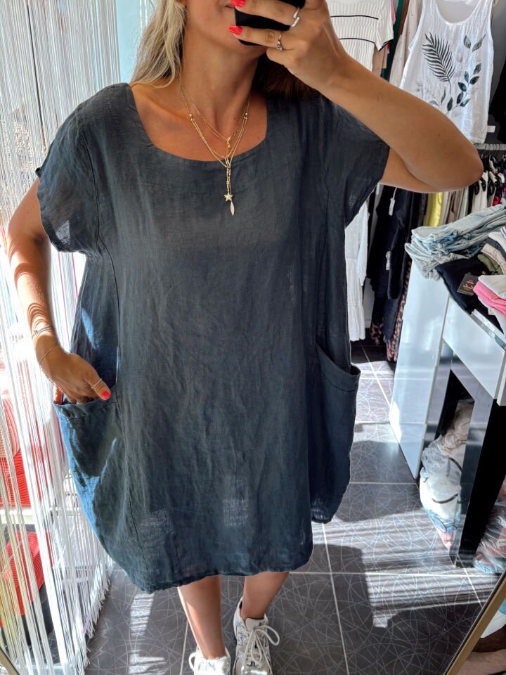 İtalyan Keten Oversize Elbise Lacivert