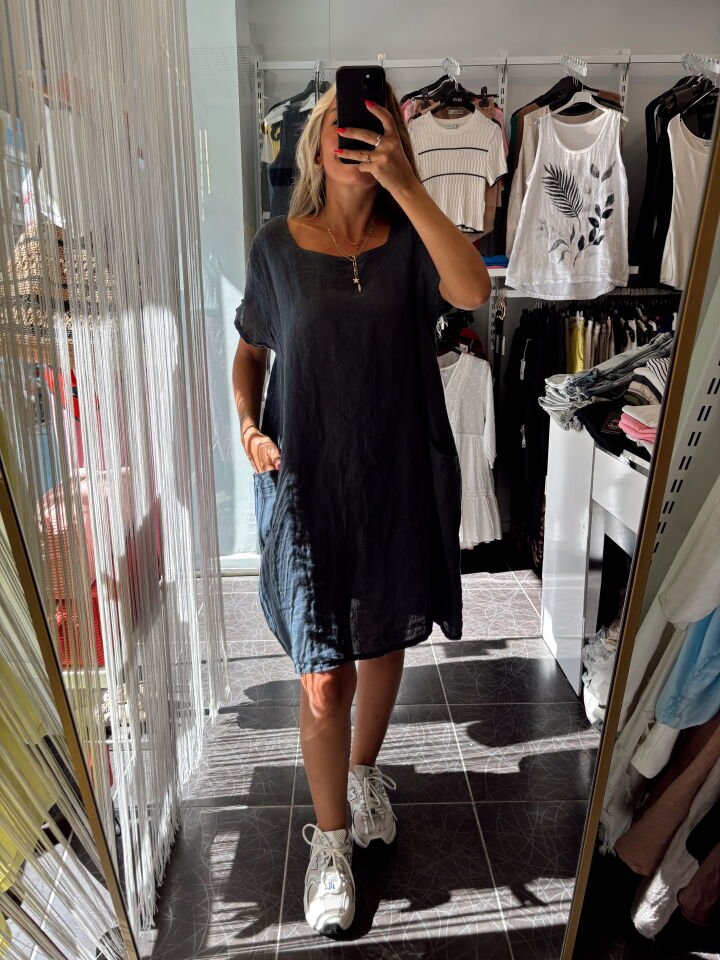 İtalyan Keten Oversize Elbise Lacivert