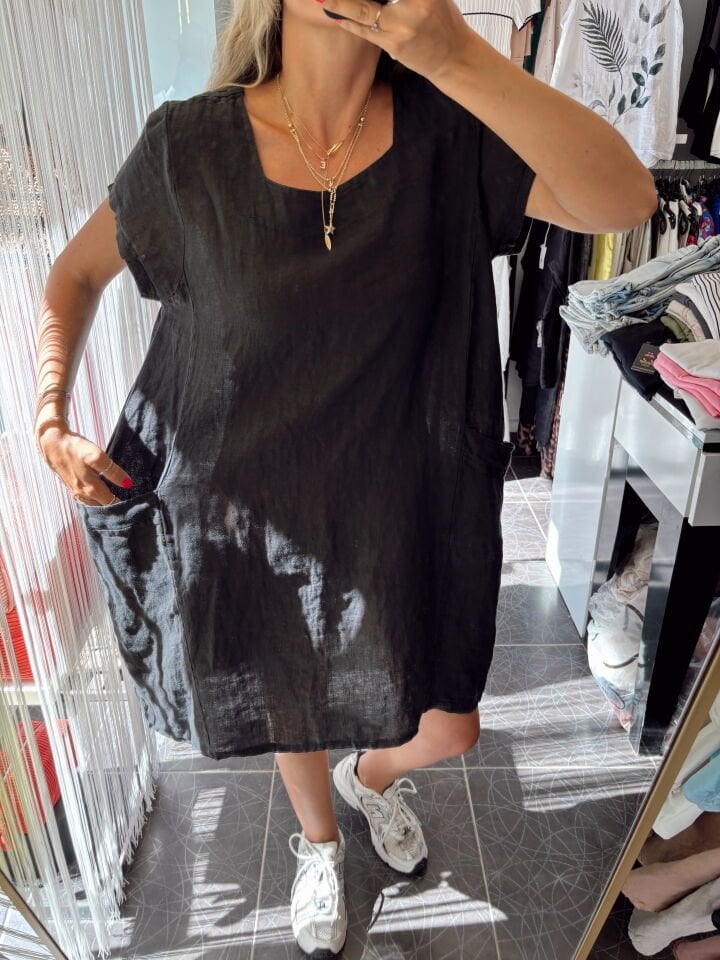 İtalyan Keten Oversize Elbise Siyah