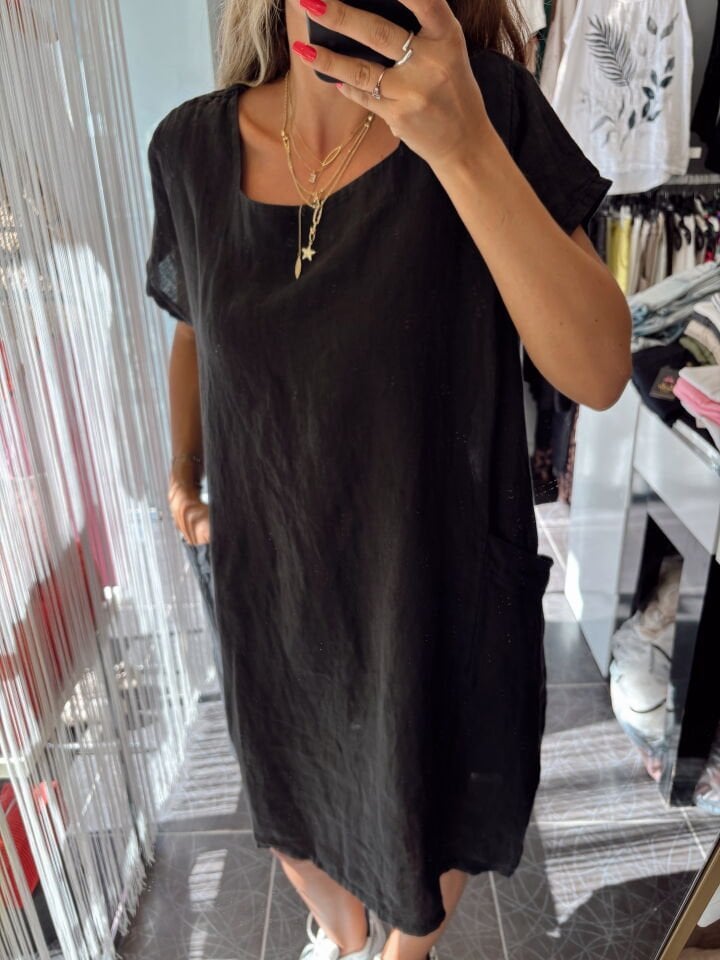 İtalyan Keten Oversize Elbise Siyah
