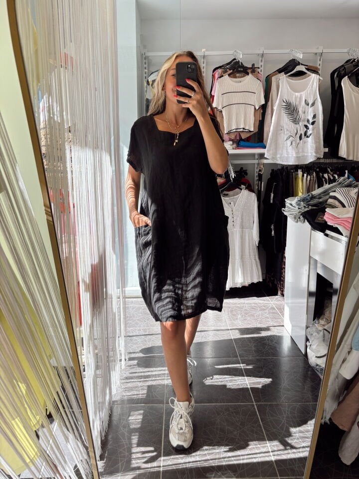 İtalyan Keten Oversize Elbise Siyah