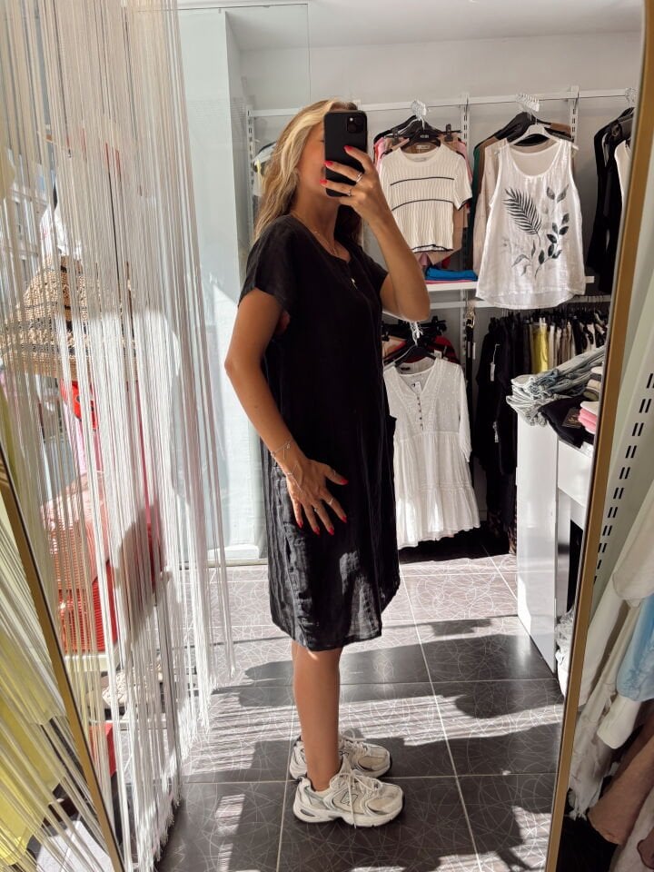 İtalyan Keten Oversize Elbise Siyah