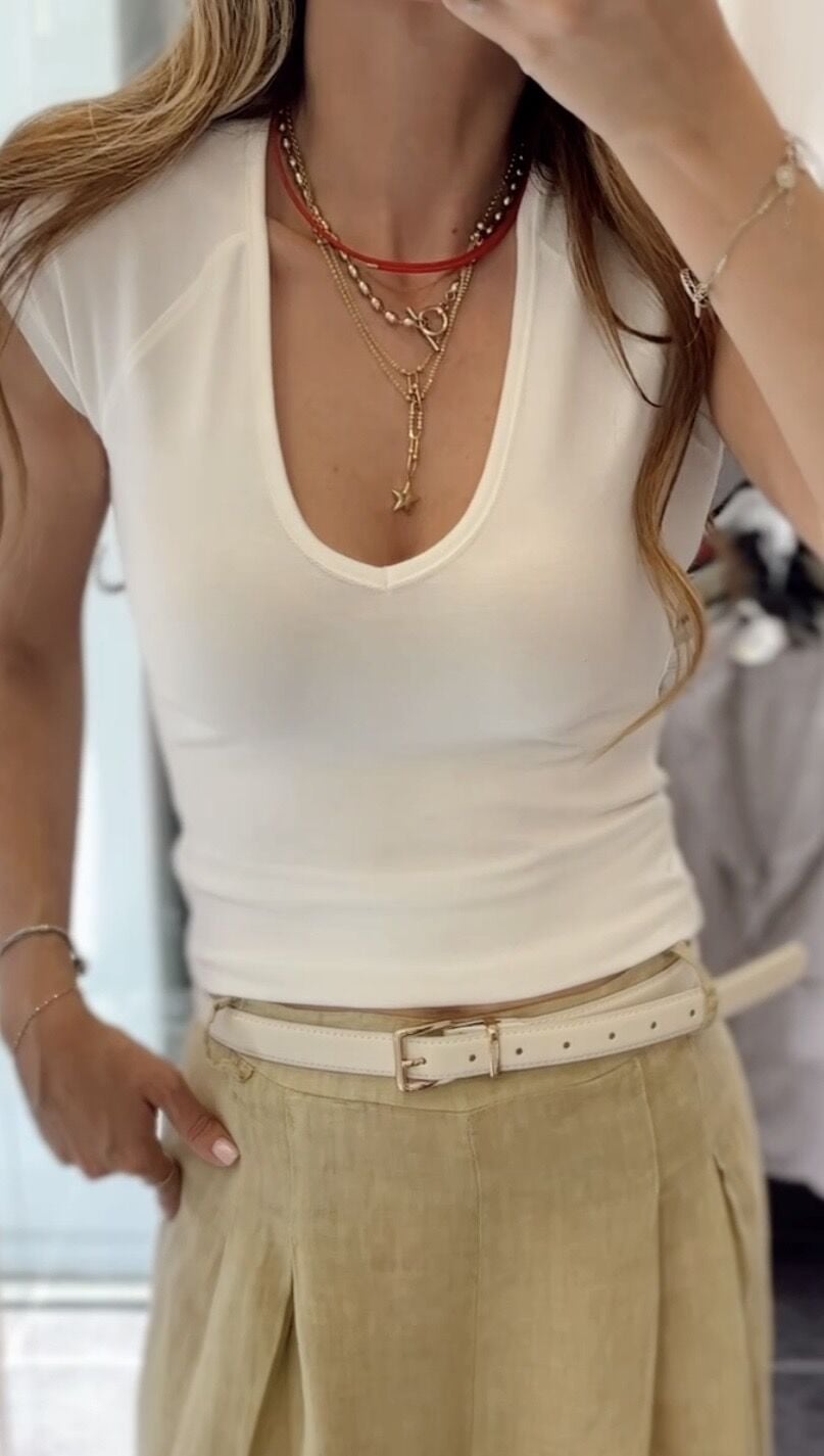 V Yaka Fit Tshirt Ekru
