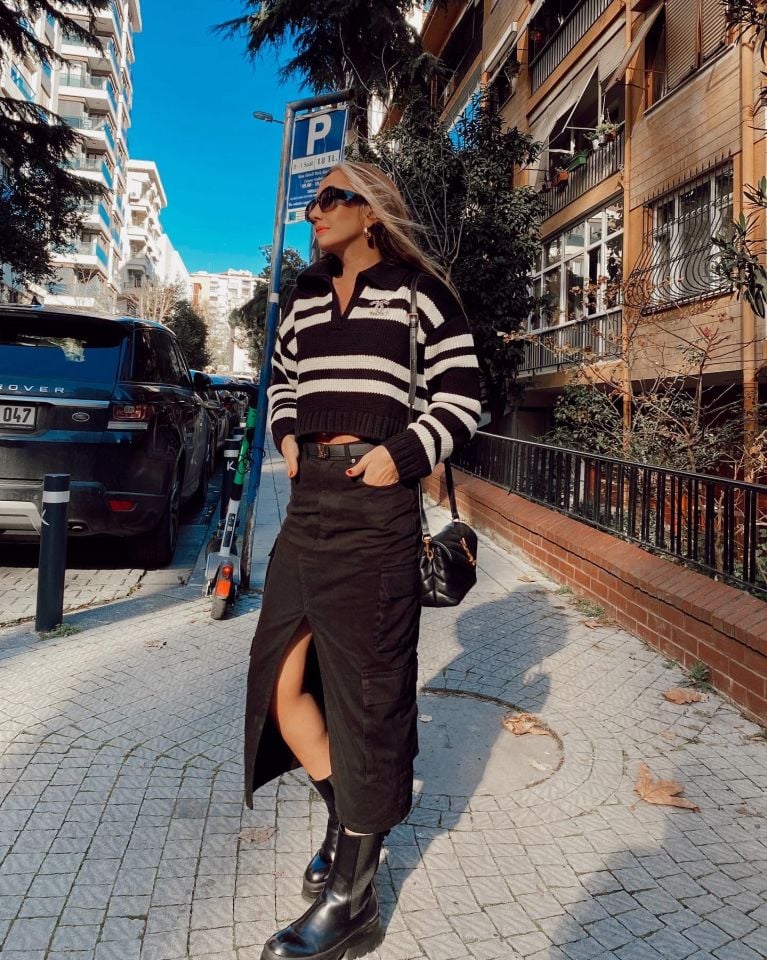 Önden Yırtmaçlı Cepli Denim Kargo Etek