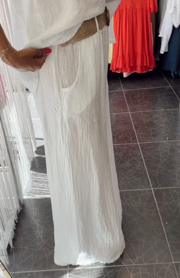 İthal Keten Kemerli Pantolon Beyaz