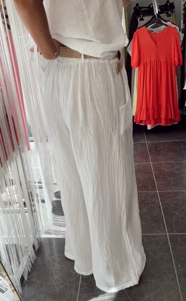 İthal Keten Kemerli Pantolon Beyaz