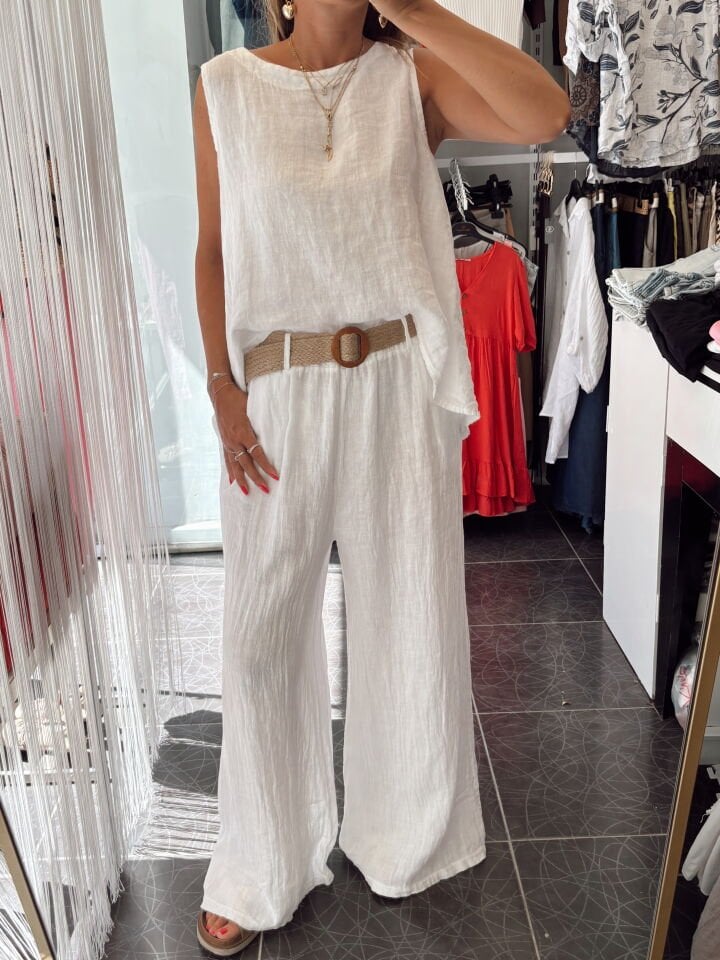 İthal Keten Kemerli Pantolon Beyaz