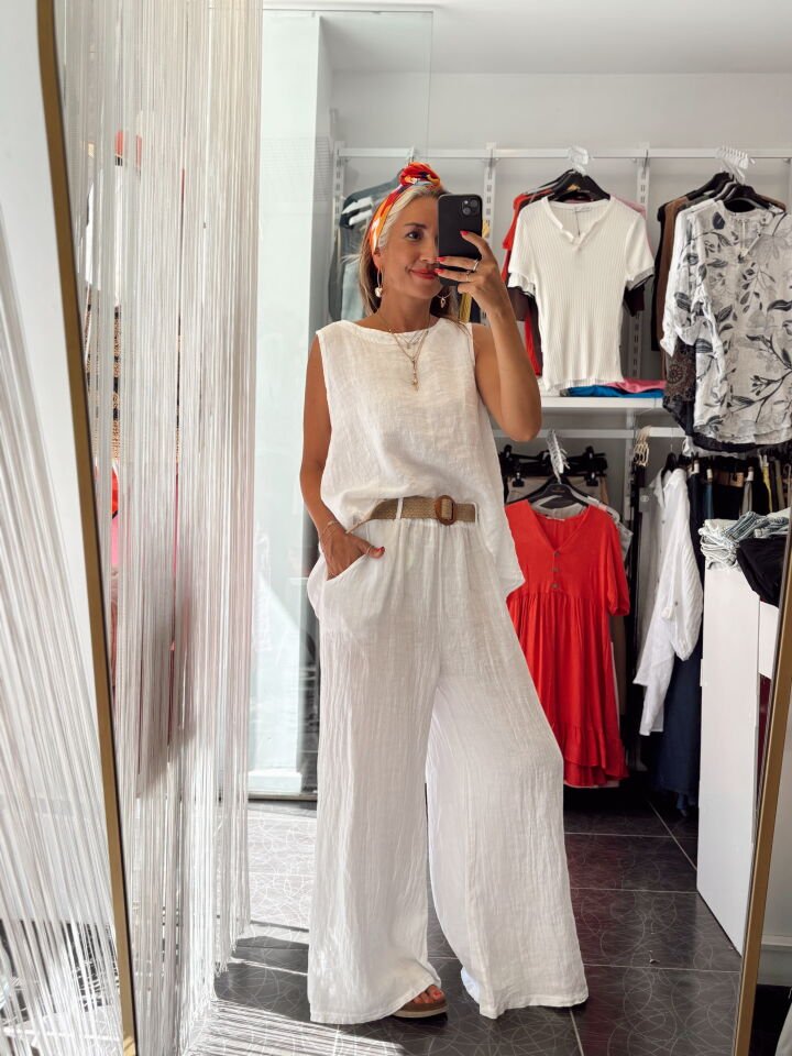 İthal Keten Kemerli Pantolon Beyaz