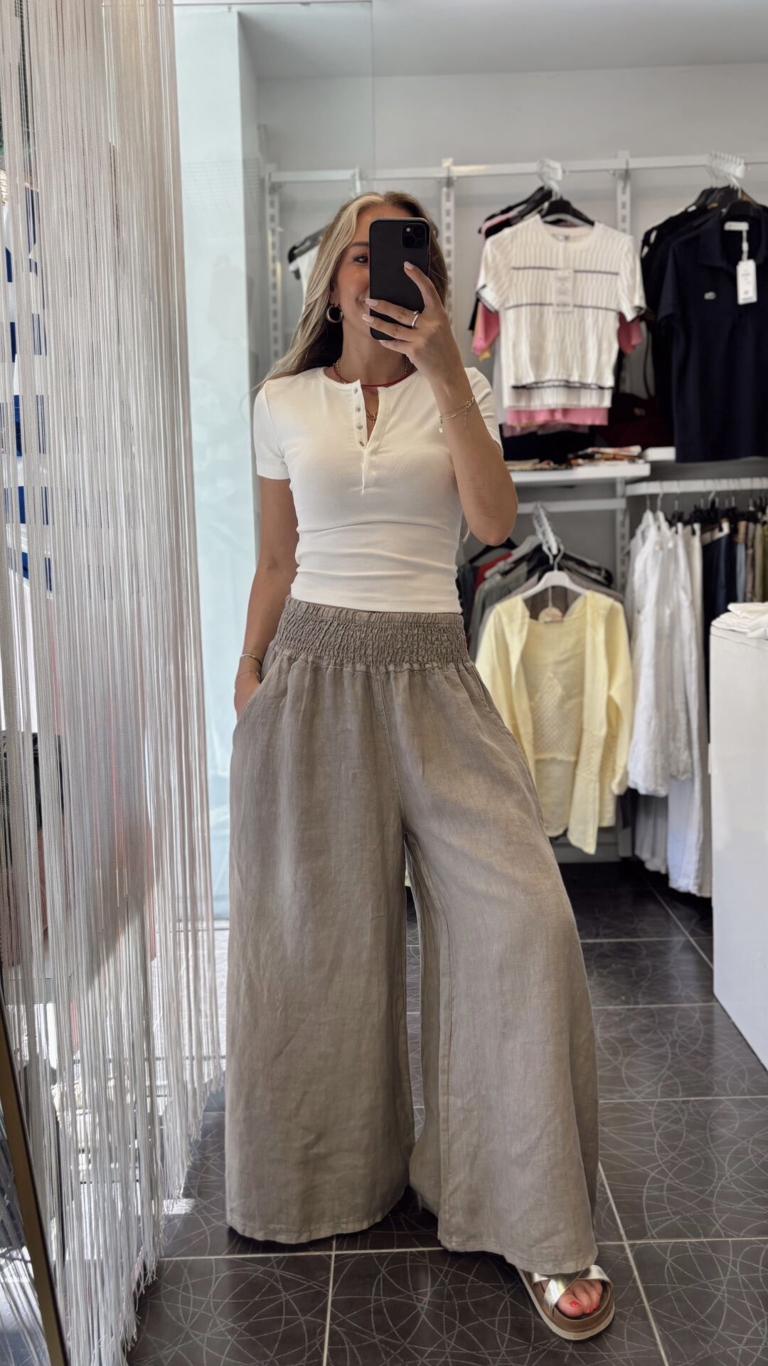 İthal Beli Lastik Tasarımlı Keten Pantolon Vizon