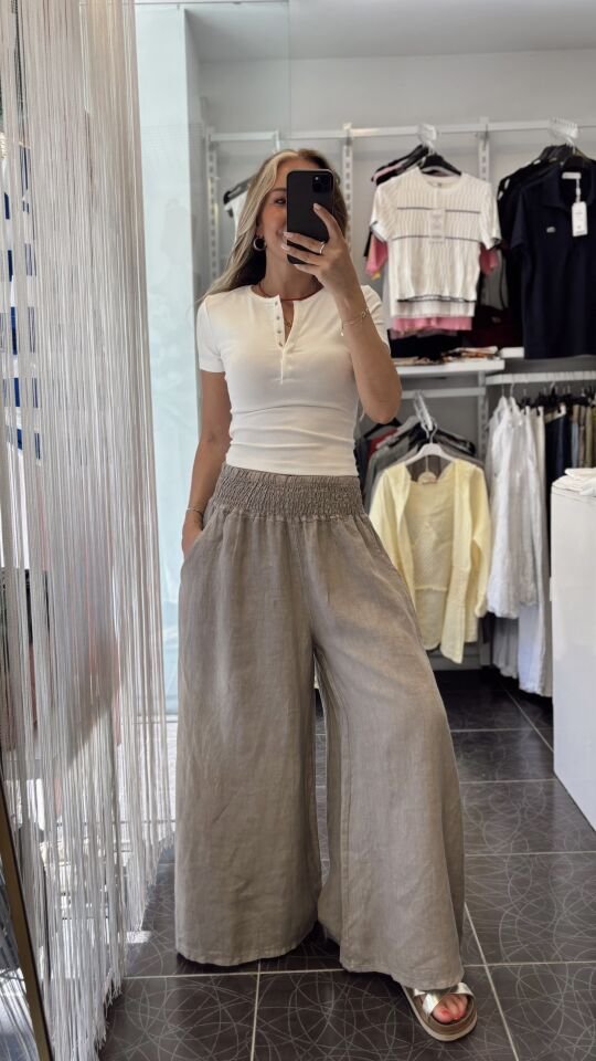 İthal Beli Lastik Tasarımlı Keten Pantolon Vizon