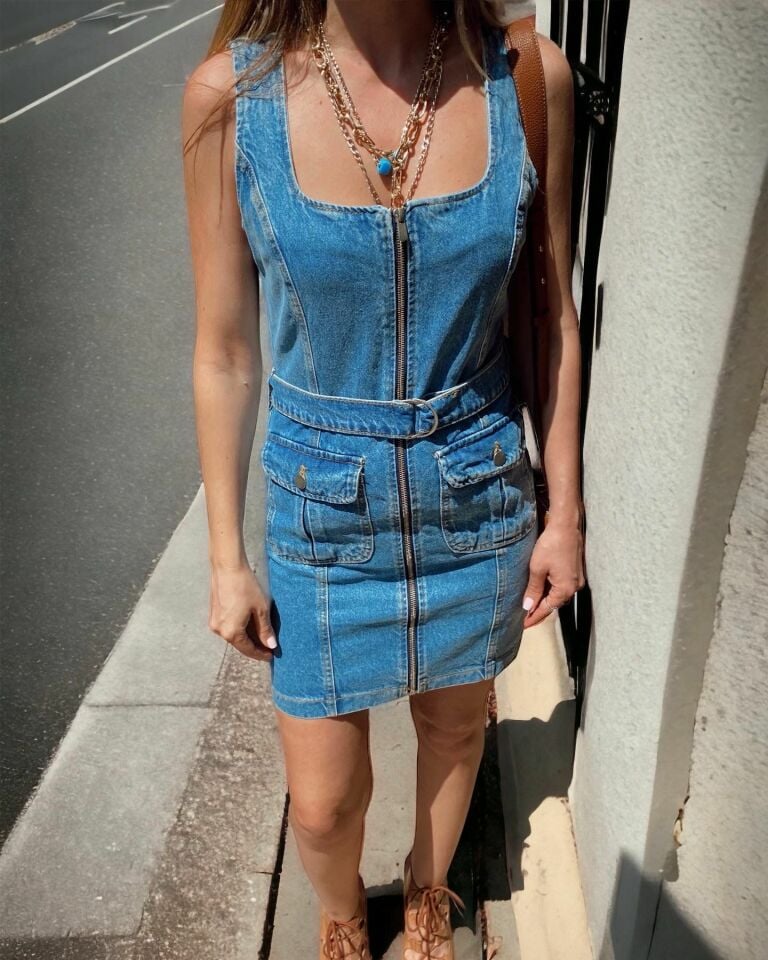 Kalın Askılı Kuşaklı Mavi Denim Elbise