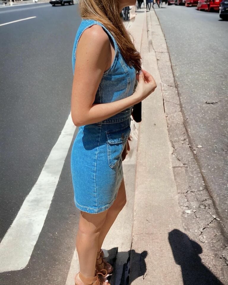 Kalın Askılı Kuşaklı Mavi Denim Elbise