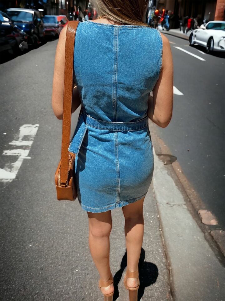 Kalın Askılı Kuşaklı Mavi Denim Elbise
