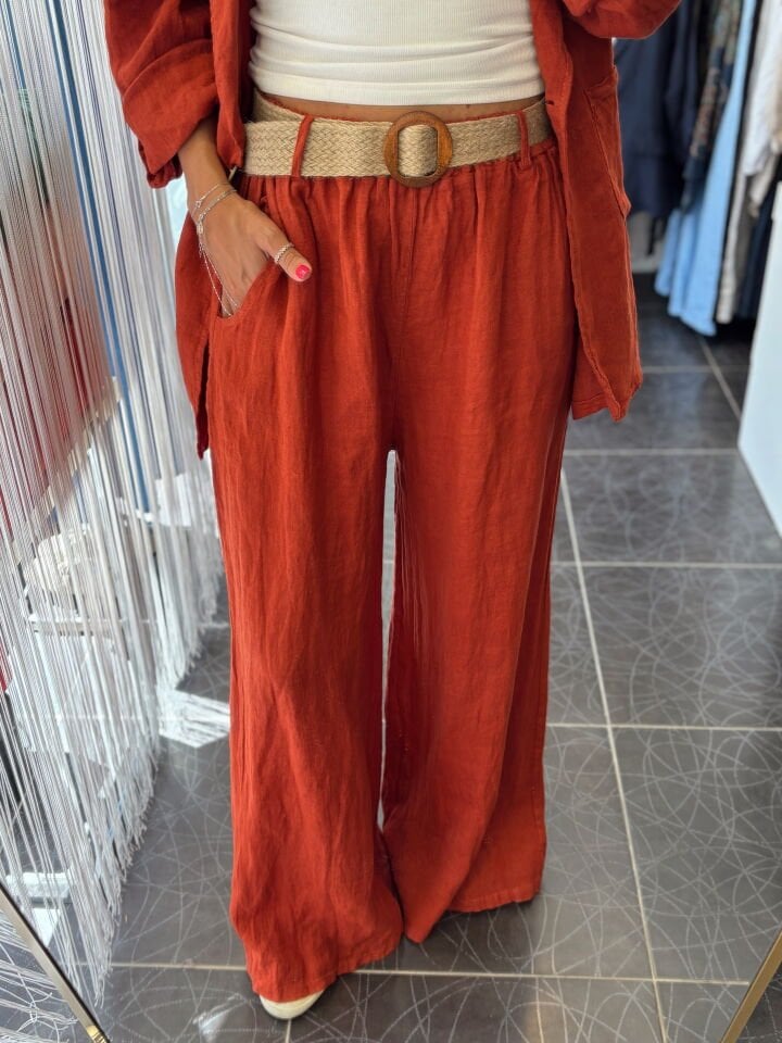 İthal Keten Kemerli Pantolon Kiremit