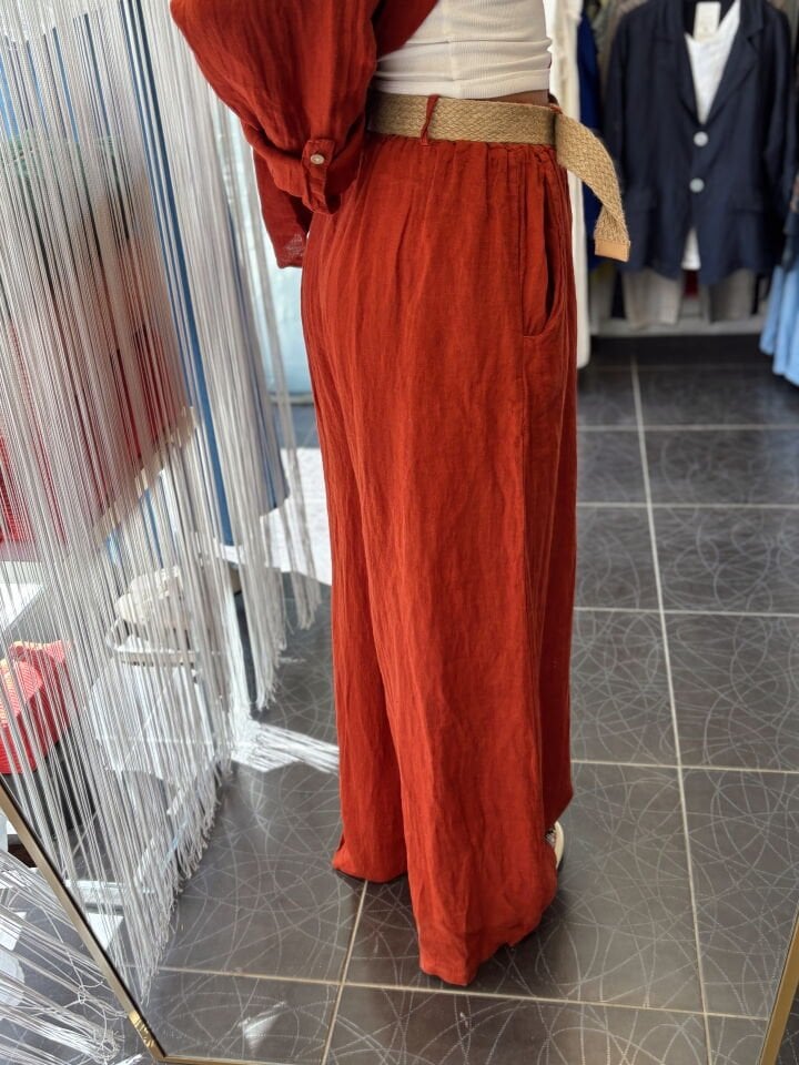 İthal Keten Kemerli Pantolon Kiremit