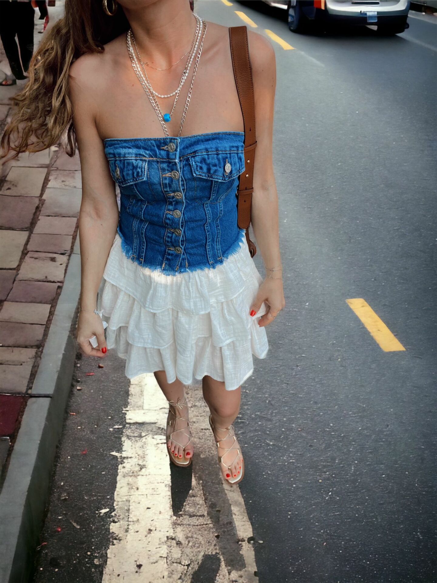 Düğmeli Denim Straplez Üst