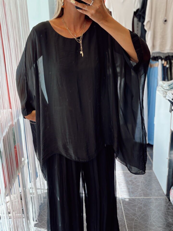 İthal Bisiklet Yaka İpek Bluz Siyah