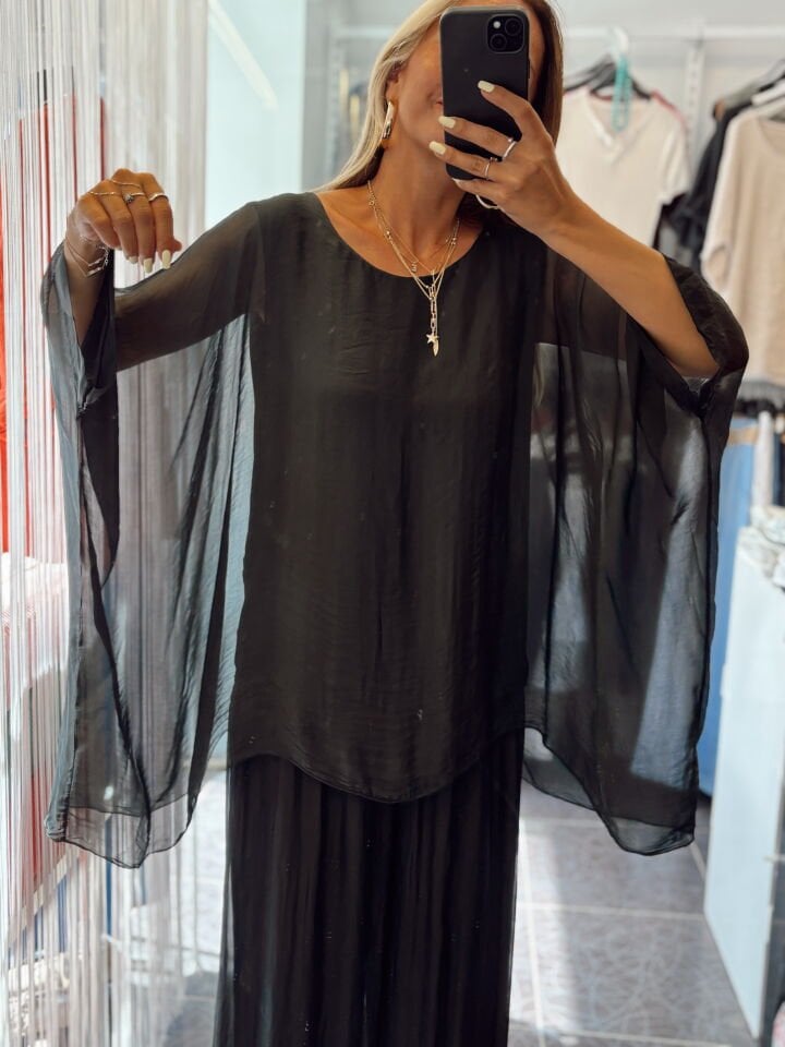 İthal Bisiklet Yaka İpek Bluz Siyah