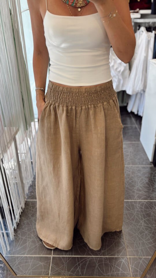 İthal Beli Lastik Tasarımlı Keten Pantolon Cappuccino