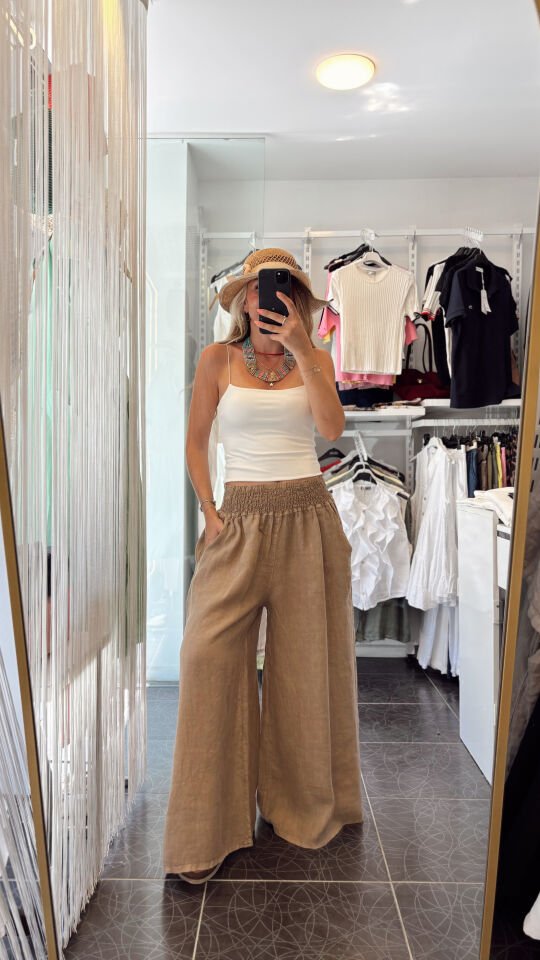 İthal Beli Lastik Tasarımlı Keten Pantolon Cappuccino