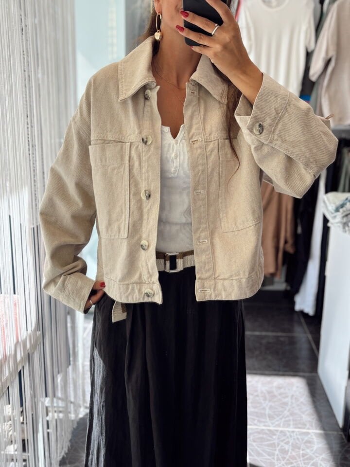Oversize Cepli Bej Denim Ceket