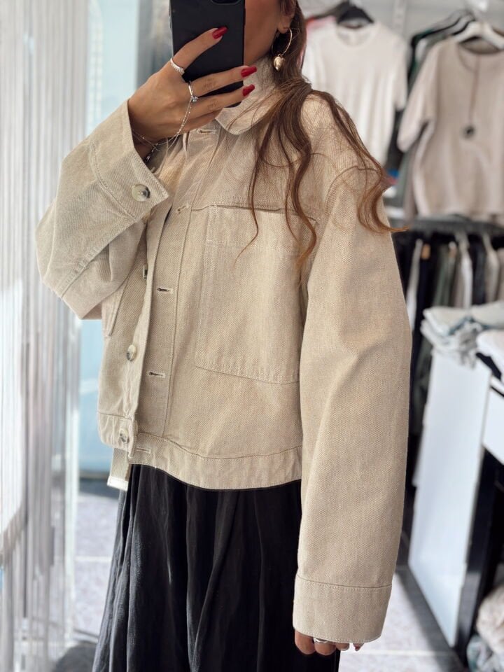Oversize Cepli Bej Denim Ceket