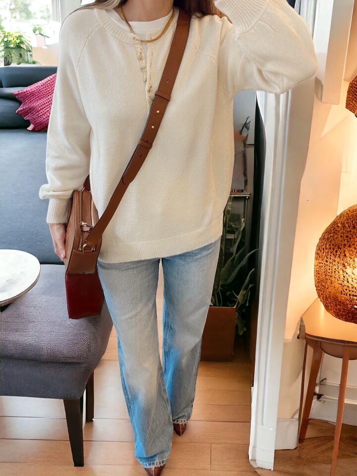 Düğmeli Oversize Krem Kazak