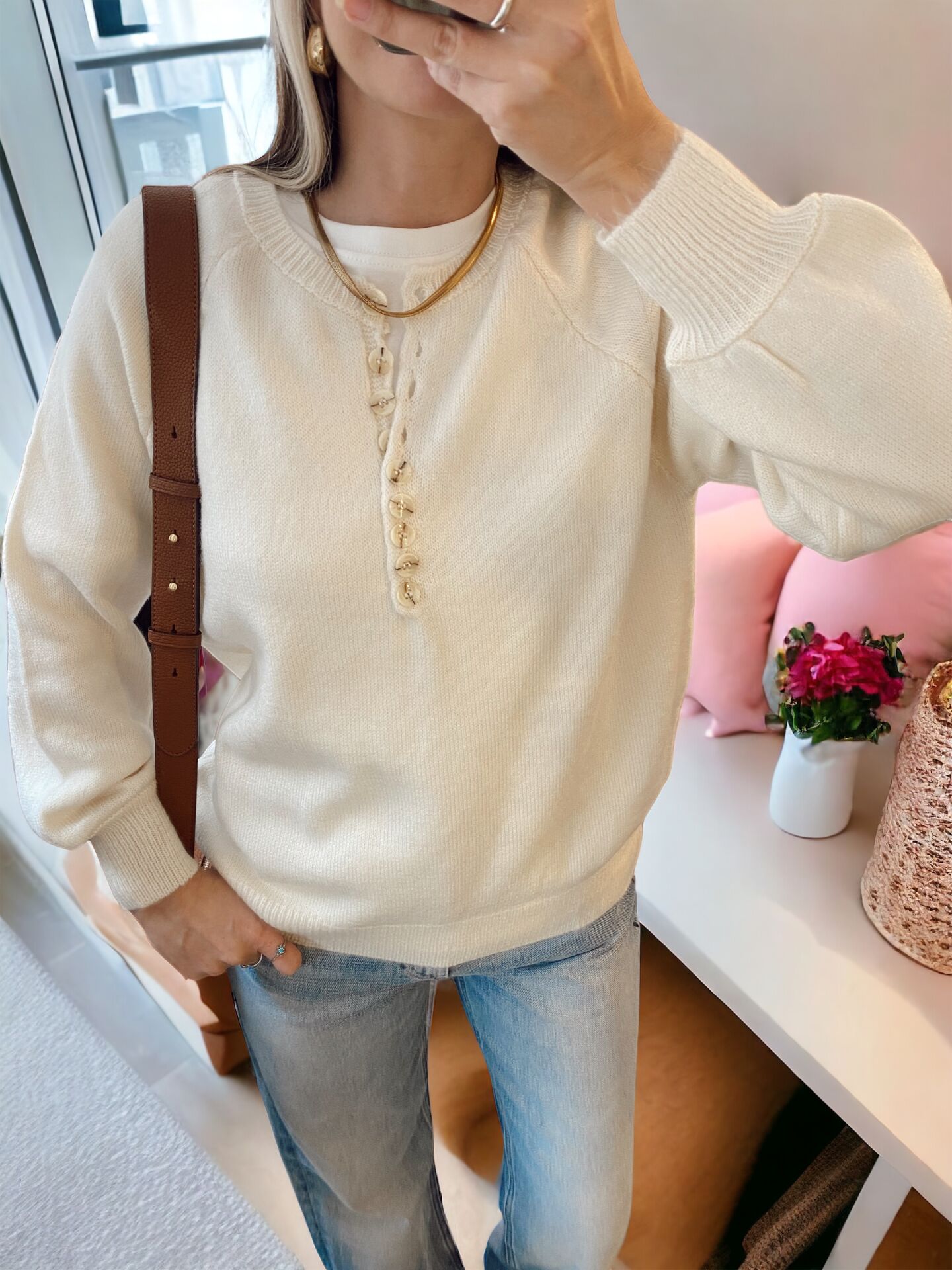 Düğmeli Oversize Krem Kazak