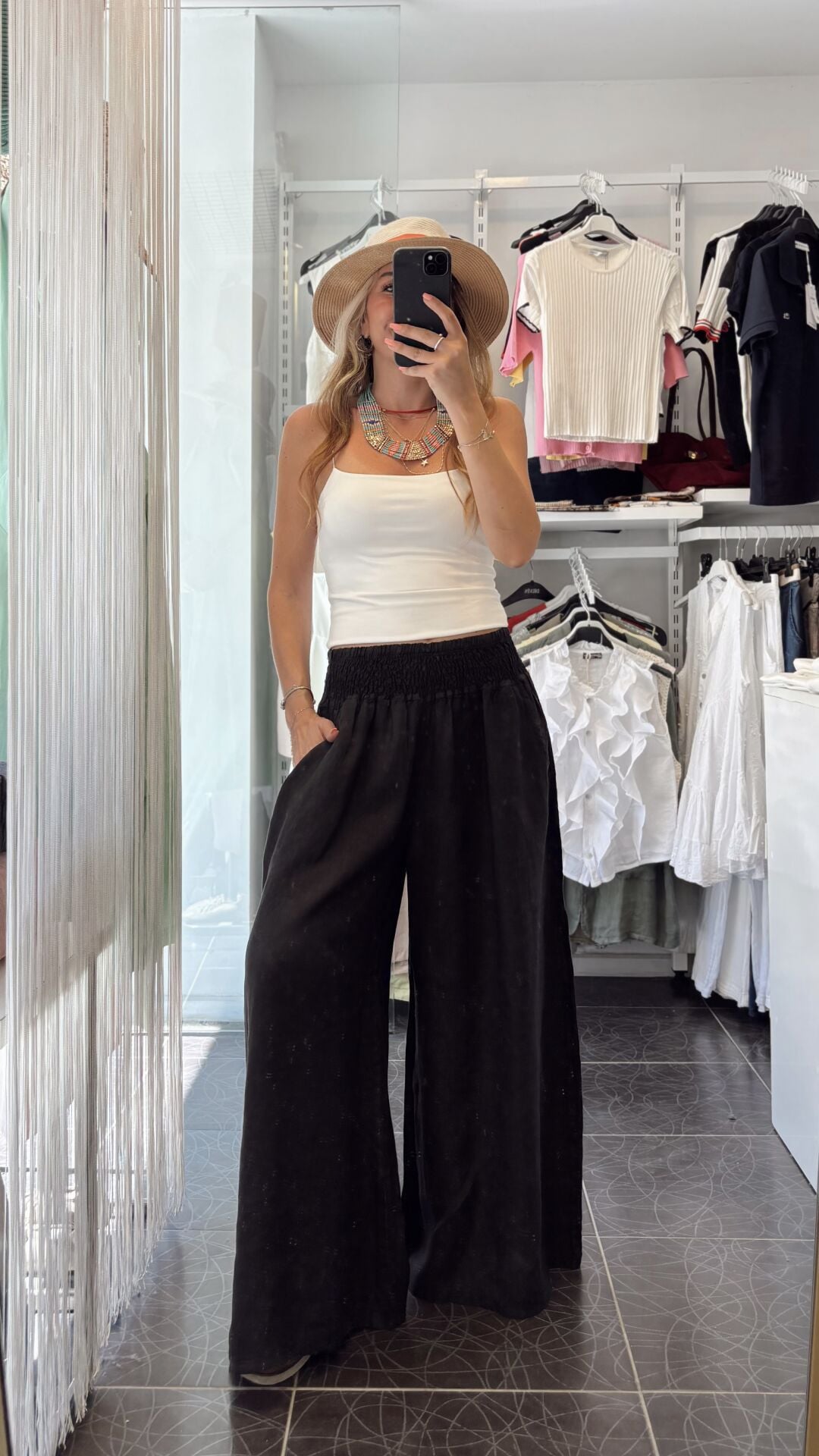 İthal Beli Lastik Tasarımlı Keten Pantolon Siyah