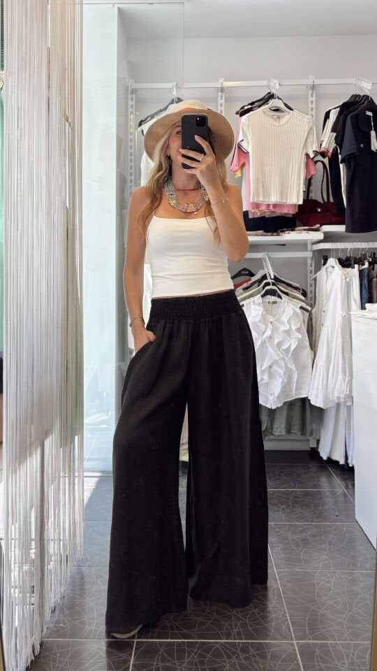 İthal Beli Lastik Tasarımlı Keten Pantolon Siyah