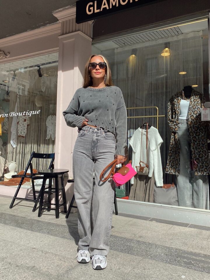 Wide Leg Orta Bel Jean Pantolon Gri