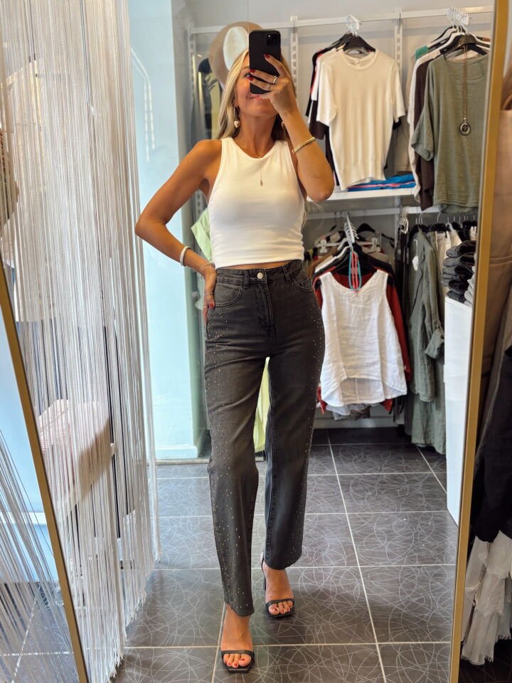 Tasarım Taşlı Yüksek Bel Straight Fit Jean Pantolon Antrasit