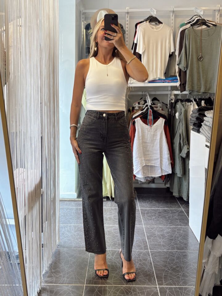 Tasarım Taşlı Yüksek Bel Straight Fit Jean Pantolon Antrasit