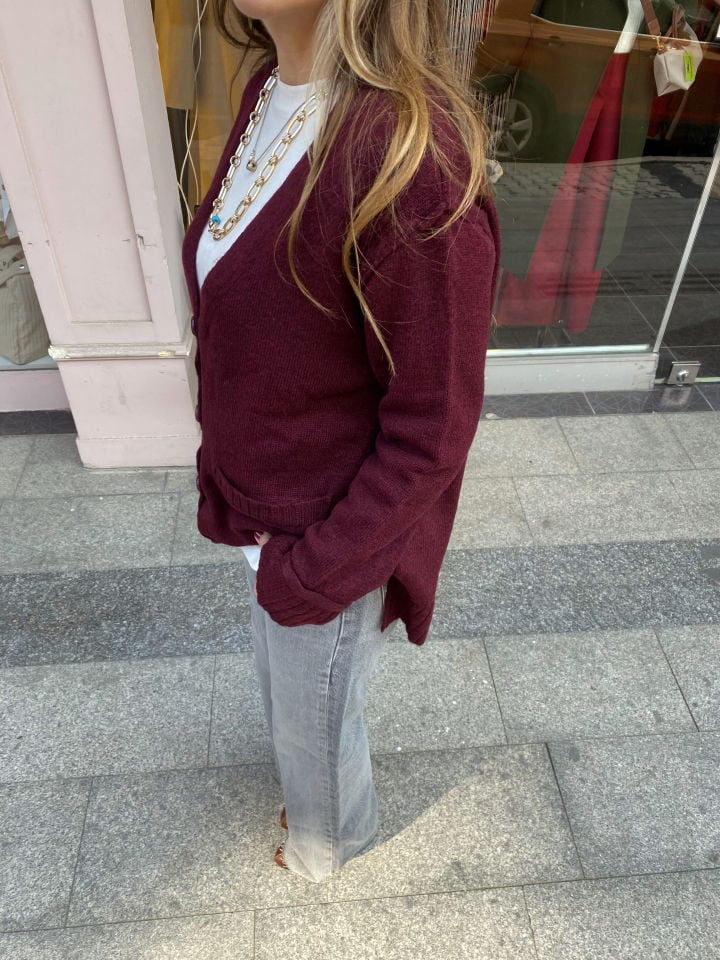 Cepli Düğmeli Hırka Bordo
