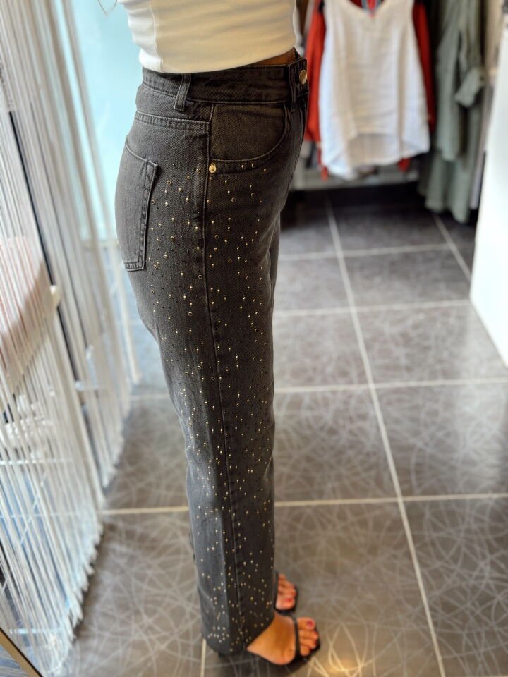 Tasarım Taşlı Yüksek Bel Straight Fit Jean Pantolon Antrasit