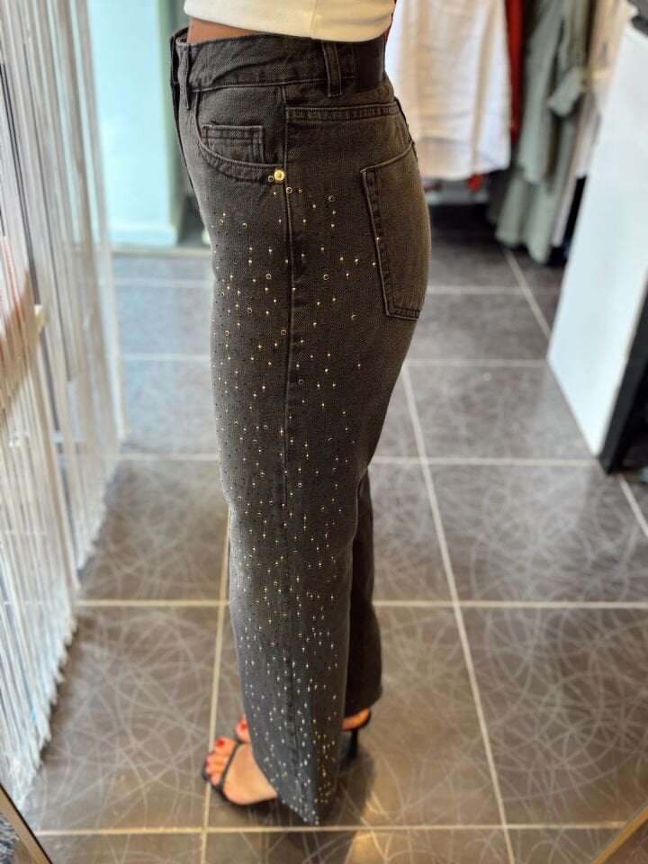 Tasarım Taşlı Yüksek Bel Straight Fit Jean Pantolon Antrasit